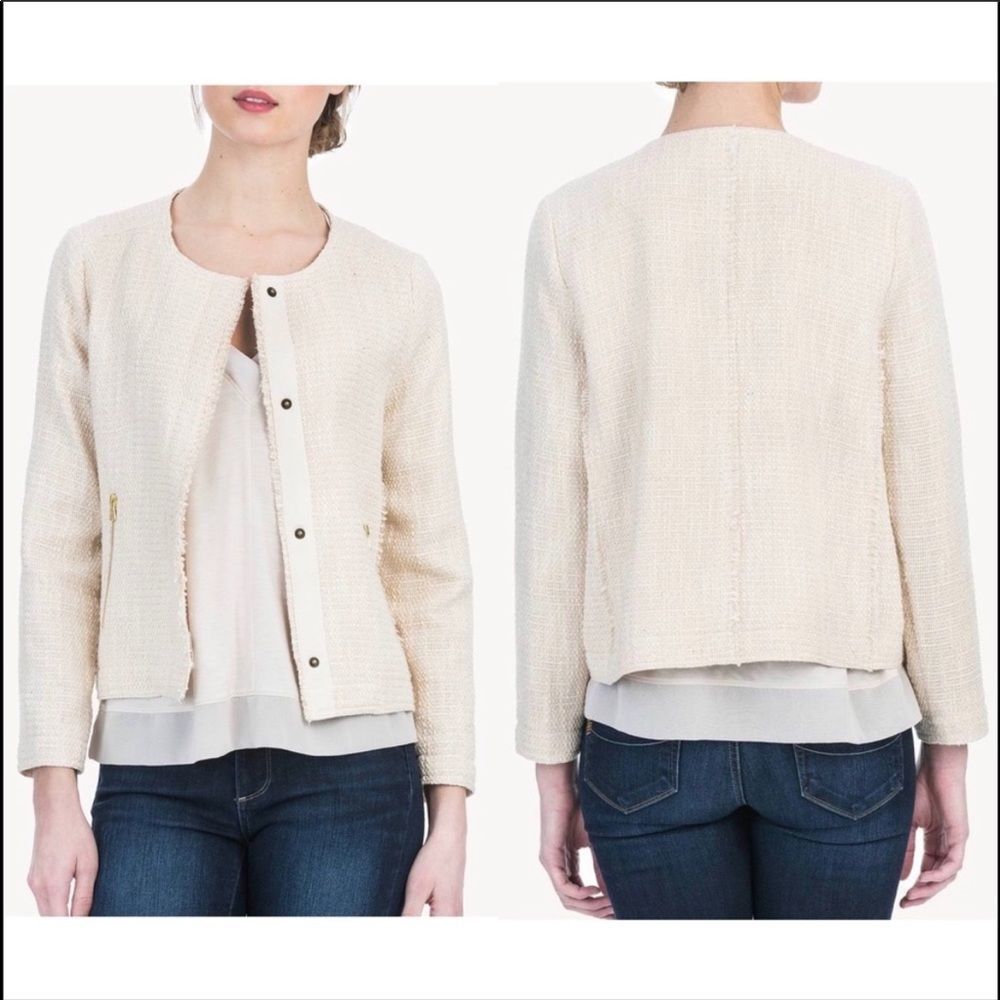 New Anthropologie Lilla P Women Tweed Long Sleeve Jacket Ivory - Picture 3 of 10